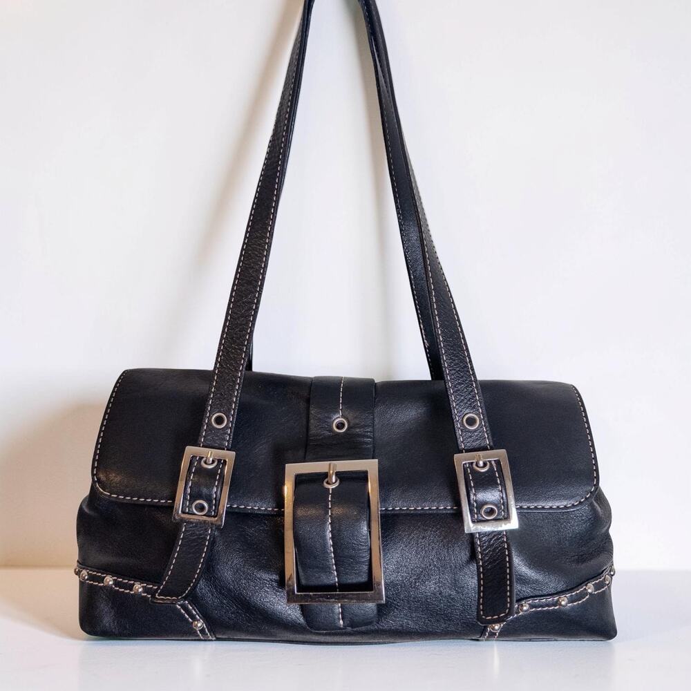 Y2K Maxximum Black Leather Buckle Studded East West Shoulder Bag
